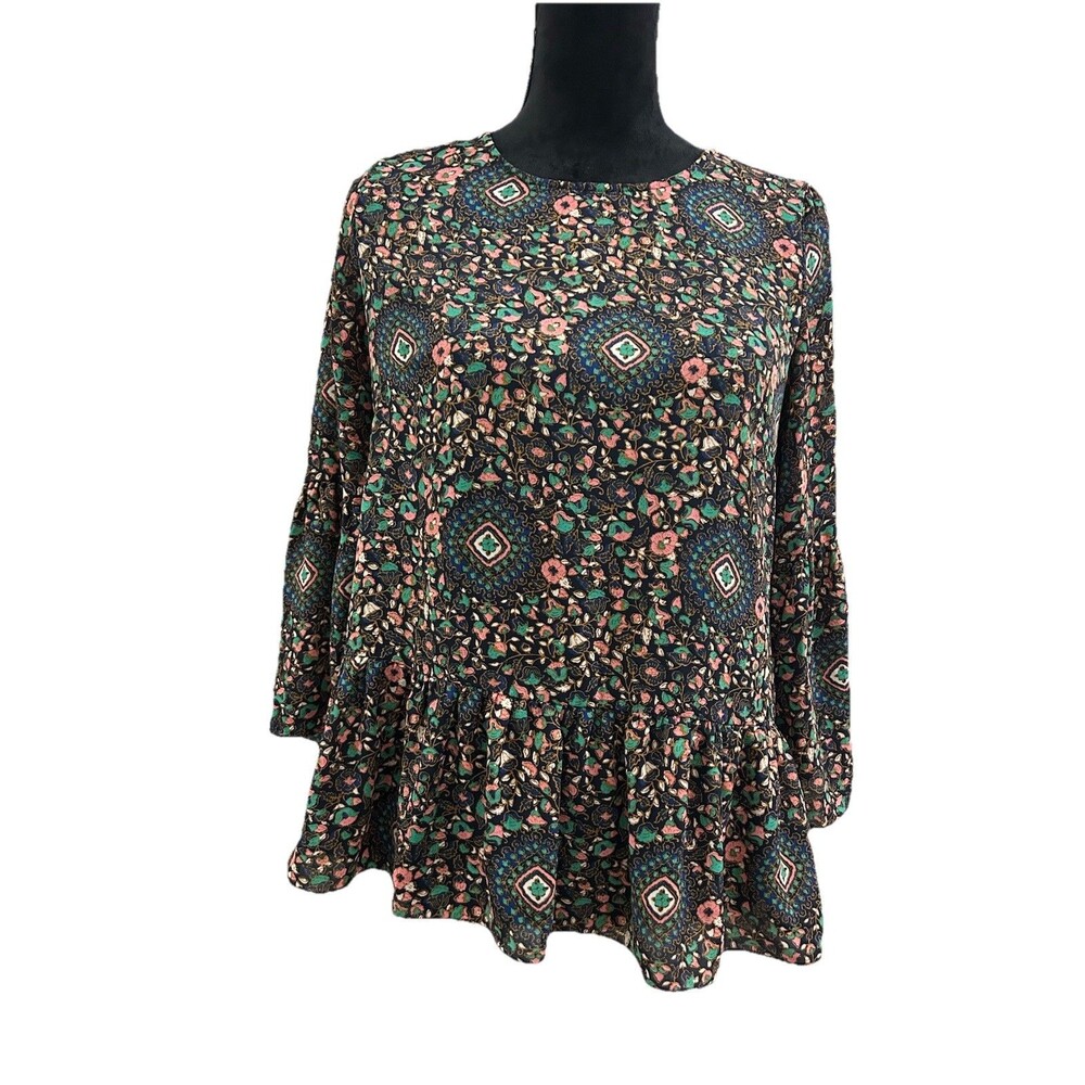 J Crew Womens XS Top Floral Print Long Sleeve Round Neck boho Ruffle
